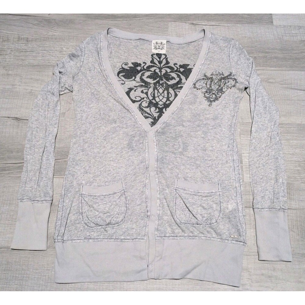 Miss Me Lightweight Cardigan Long Sleeve Sequin Tattoo Print Gray Black Sz M